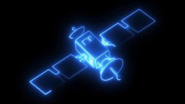 Glowing neon satellite orbiting in deep space digital animation