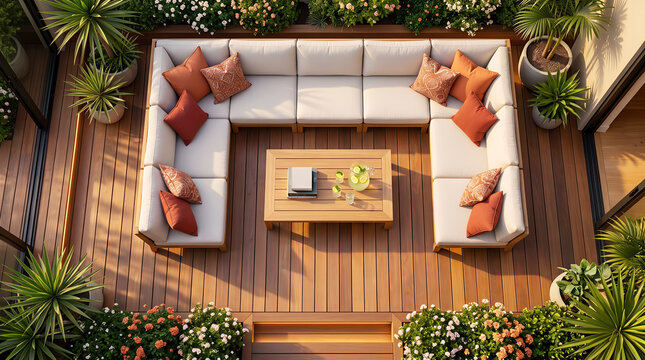 U-shaped outdoor sectional sofa with beige cushions and terracotta pillows on a cedar wood deck, overhead view with potted plants and flowers