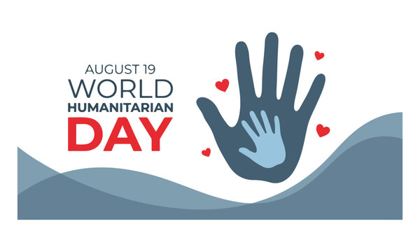 World humanitarian day banner with large and small hand prints and red hearts on white background