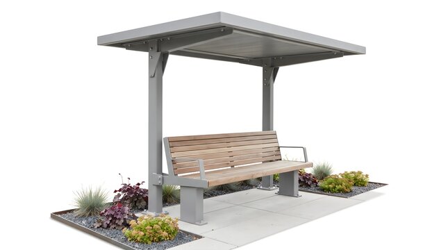 Modern bus stop shelter with wooden bench, grey metal transit station structure, urban street furniture for public transportation waiting area