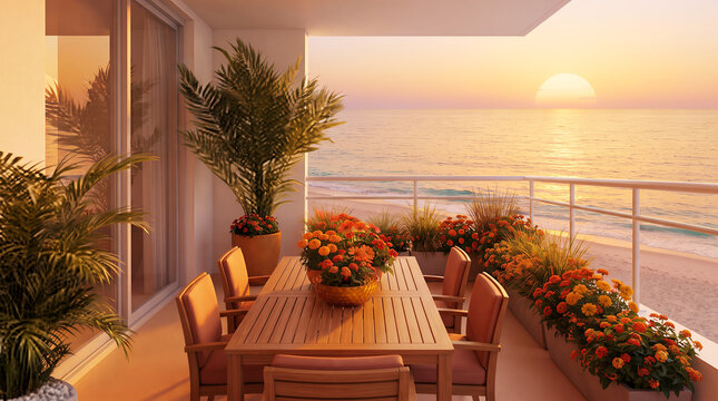 Wooden dining table with orange flowers on a balcony overlooking the ocean at sunset, with potted palm plants and comfortable chairs