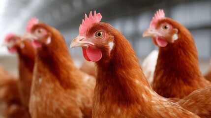 Obraz premium Close-up of a group of chickens displaying their vibrant feathers and natural habitat. These farm animals symbolize sustainability and nature. Perfect for agricultural themes. AI
