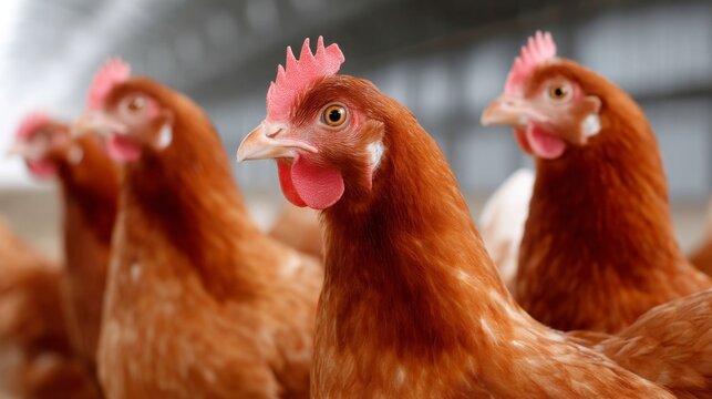 Close-up of a group of chickens displaying their vibrant feathers and natural habitat. These farm animals symbolize sustainability and nature. Perfect for agricultural themes. AI