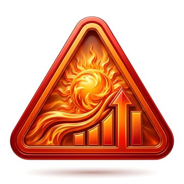 Global warming warning sign with rising temperature graph and sun, heatwave alert icon, climate change concept with burning sun and growth arrow