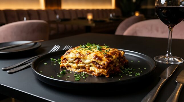 A portion of traditional Italian lasagna with melted cheese on a black plate in a fine dining
