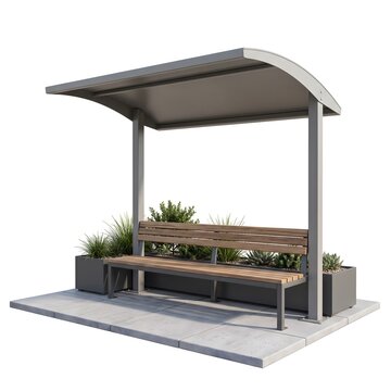 Modern bus stop shelter with wooden bench and integrated planters, contemporary street furniture design, urban transit waiting area isolated on white