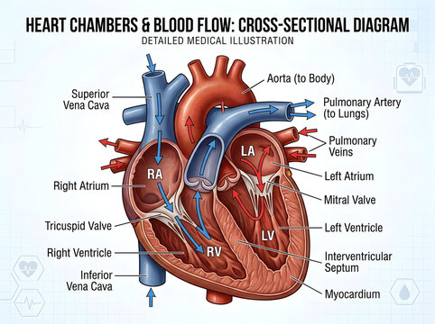 Heart chambers and blood flow diagram cross-section