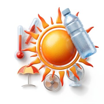 Extreme heat wave concept with hot sun, thermometer and water bottle. Summer weather icons for global warming and high temperature warning.