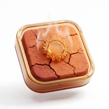 Global warming 3D icon, cracked dry earth with sun symbol in glass frame, climate change and heatwave concept on white background