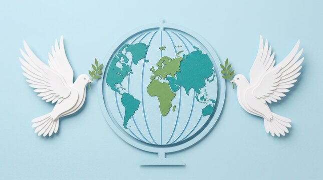 Two white paper doves flying around a stylized earth globe representing harmony and unity for world peace day celebration