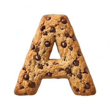 Delicious chocolate chip cookie shaped like the letter A on white background