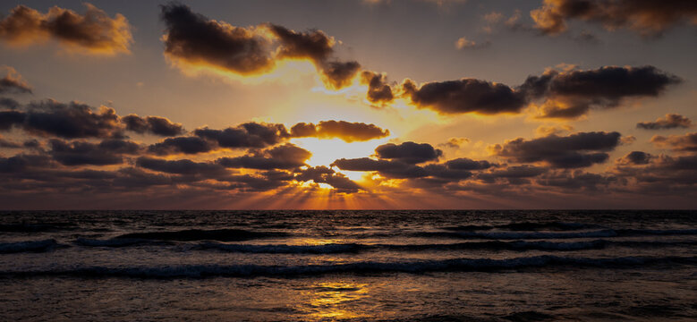 The extraordinary  beauty of panoramic sunset over the Mediterranean Sea from the city of Ako in northern Israel