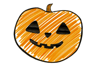 Stylized illustration of Jack o lantern pumpkin. Black outline. Pumpkin filled with yellow, ocher strokes. Drawing in marker. Eyes, nose, mouth have wavy texture of crumpled paper. White background