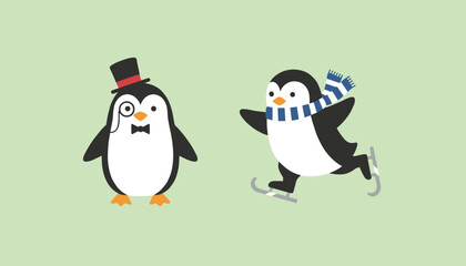 Obraz premium Two adorable winter penguins featuring one in a top hat and monocle and another ice skating in a striped scarf.