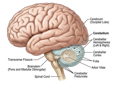 Human brain anatomy diagram with cerebellum labeled