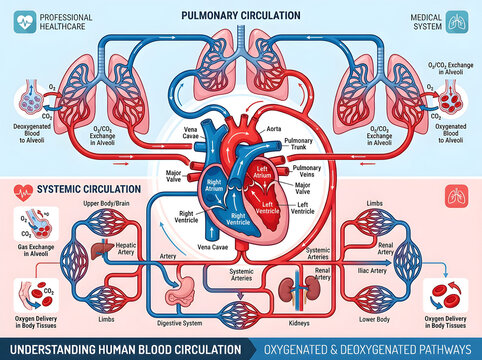 Human blood circulation system diagram with labels