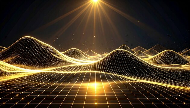 Radiant Golden Mesh Mountains Lit by a Dramatic Overhead Beam