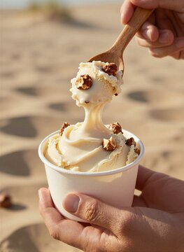 Captures Moment Of Indulgence With Close View Someone Scooping Vanilla Ice Cream From White Paper Cup Using Wooden Spoon Focus