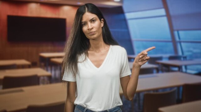 Young hispanic woman pointing finger with right hand toward empty desks and wall screen in building classroom interior; disapproval.