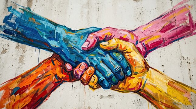 Colorful artistic painting of hands shaking together as a powerful symbol for celebrating international world peace day