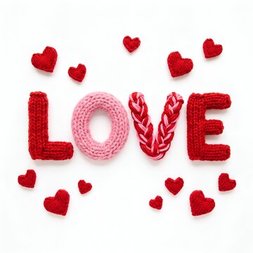 Handmade knitted love letters surrounded by red crochet hearts on white background