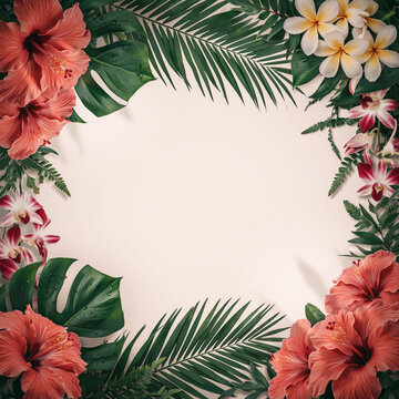 Lush tropical floral frame with coral hibiscus flowers plumeria orchids and palm leaves on pale background for summer vacation holiday theme design.