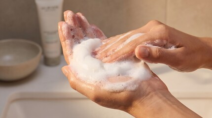 Fototapeta premium Lathering white cleansing foam soap bubbles in hands