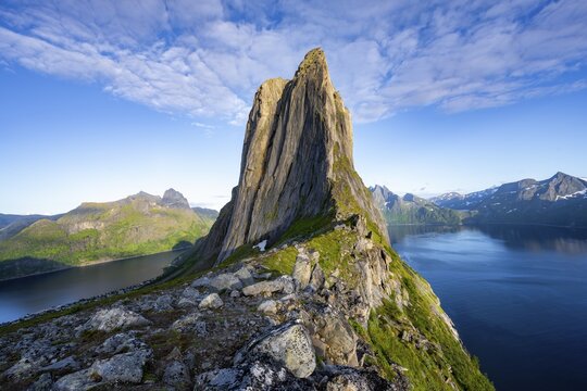 Iconic mountain Segla, mountain landscape at Medfjorden fjord, Senja island, Troms, Norway