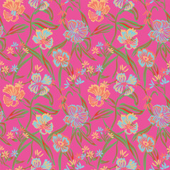 Fototapeta premium Pattern with hand-drawn colorful flowers and green stems on a bright pink background