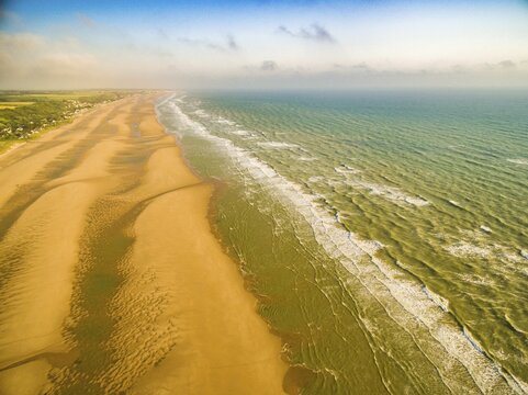 Aerial view of normandy sandy beach. France coast, omaha beach, France