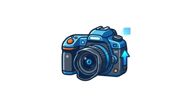 Stylized Blue Digital Camera with Upward Arrow Icon