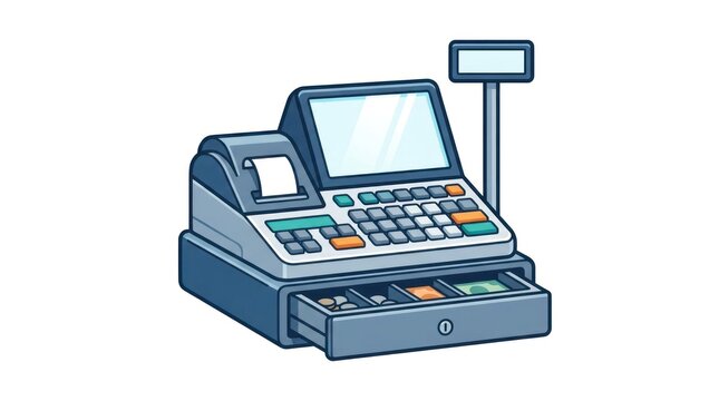 A simple illustration of a cash register with its drawer open showing money and coins inside