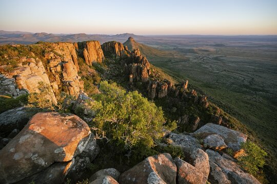 View of the Valley of Desolation at sunset, eroded rock needles from Dolorit, Camdeboo National Park, Graaff-Reinet, Eastern Cape, South Africa