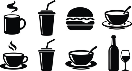 Obraz premium Fast Food Restaurant Cafe Menu Silhouette Icon Set with Coffee Mug, Hamburger, Soda Cup, Soup Bowl, and Wine Bottle Vectors
