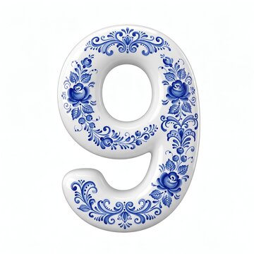 Elegant white porcelain number nine with intricate blue floral gzhel patterns