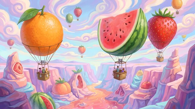 Colorful fruit hot air balloons floating over canyon