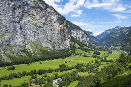 View of the picturesque valley of Lauterbrunnen with Staubbach Falls, mountain landscape, Bernese Alps, Bernese Oberland, Switzerland