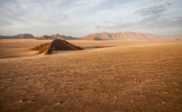 Aerial view, evening mood, empty Namib desert behind Naukluft mountains, Namib Naukluft Park, Namibia