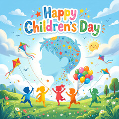 Fototapeta premium Happy childrens day celebration with colorful kites, balloons, and a silhouette of a childs ad social media download thambnail poster web template event festival 2026 2027 2028