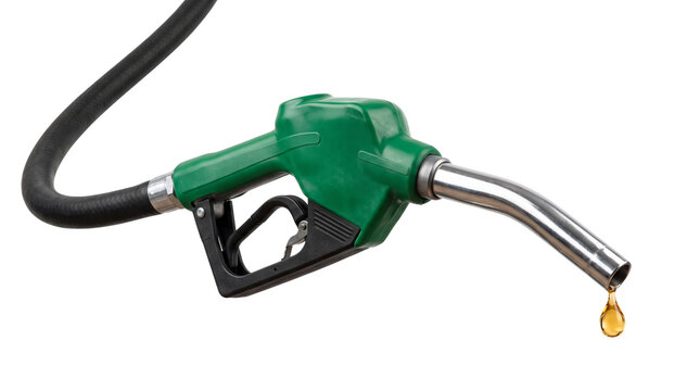 Green Fuel Pump Nozzle with Dripping Gasoline Droplet Isolated on Black Background - Biofuel, Eco Energy, and Gas Price Concept
