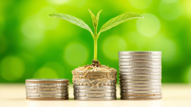 Three stacks of silver coins stand beside a small green plant with two leaves