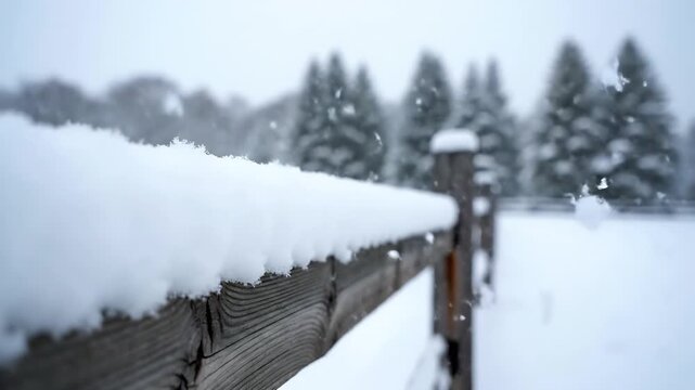 Snow falling gently on a rustic wooden fence in a quiet winter wonderland landscape