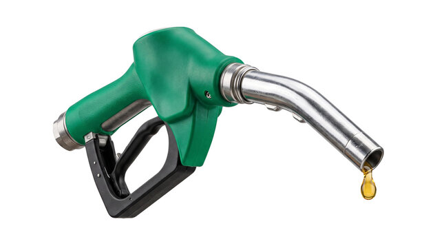 Green Fuel Pump Nozzle with Dripping Gasoline Droplet Isolated on Black Background - Biofuel, Eco Energy, and Gas Price Concept