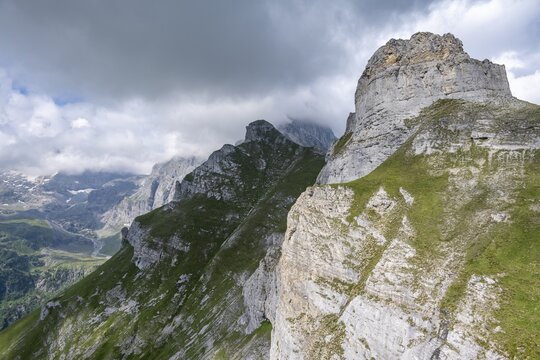 View of mountain landscape with peaks of the Tschingelgrat, clouds moving over mountain landscape, Bernese Alps, Bernese Oberland, Switzerland