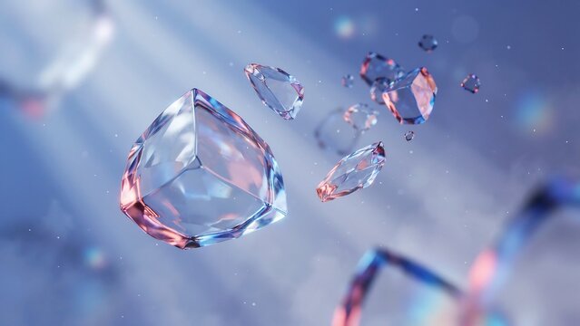 Translucent geometric crystal cubes floating with light refraction and blue tones