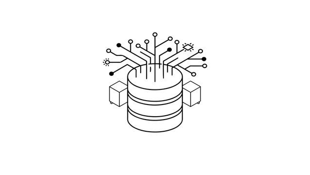 Big data database connected with artificial intelligence circuits, monochrome vector illustration, isolated on white background