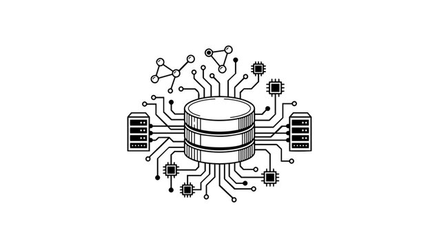 Big data database connected with artificial intelligence circuits, monochrome vector illustration, isolated on white background