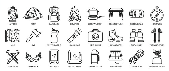 Fototapeta premium Camping and Outdoor Gear Icons Collection