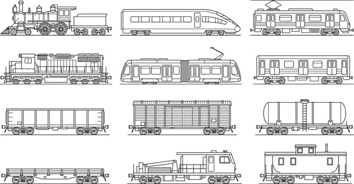 Detailed railway train and locomotive line art collection for transportation logistics and industrial design
