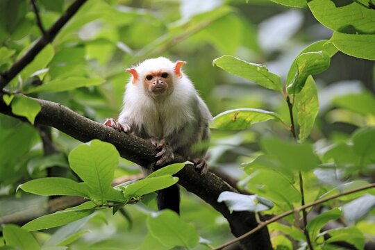 Silver marmoset (Mico argentatus, syn.: Callithrix argentata), silver marmoset, adult, perched on a tree, alert, South America
